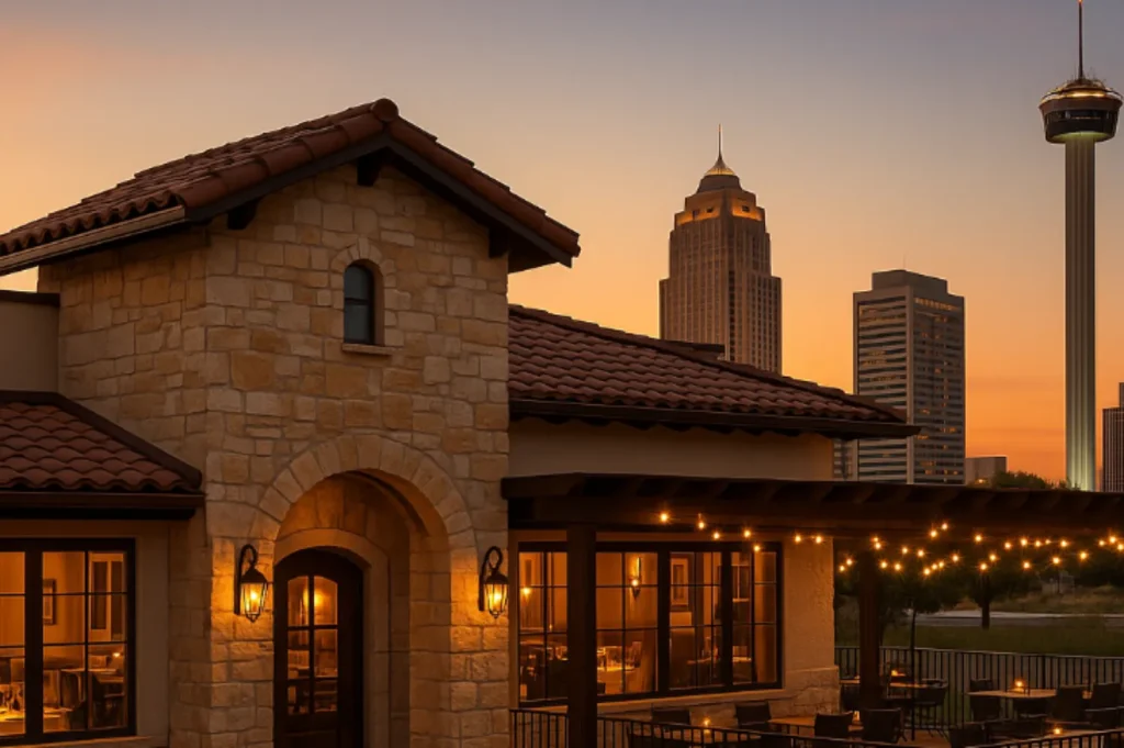 Stone building with warm lights and San Antonio skyline at sunset.