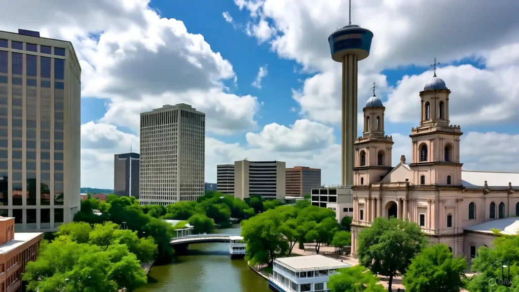 San Antonio skyline with the Tower of the Americas, a historic church, and a river under a bright sky.