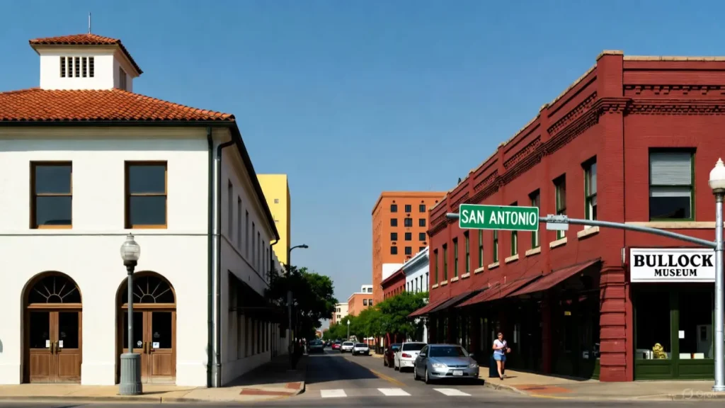 A street in San Antonio with red and white buildings, a "San Antonio" street sign, and parked cars under a blue sky.