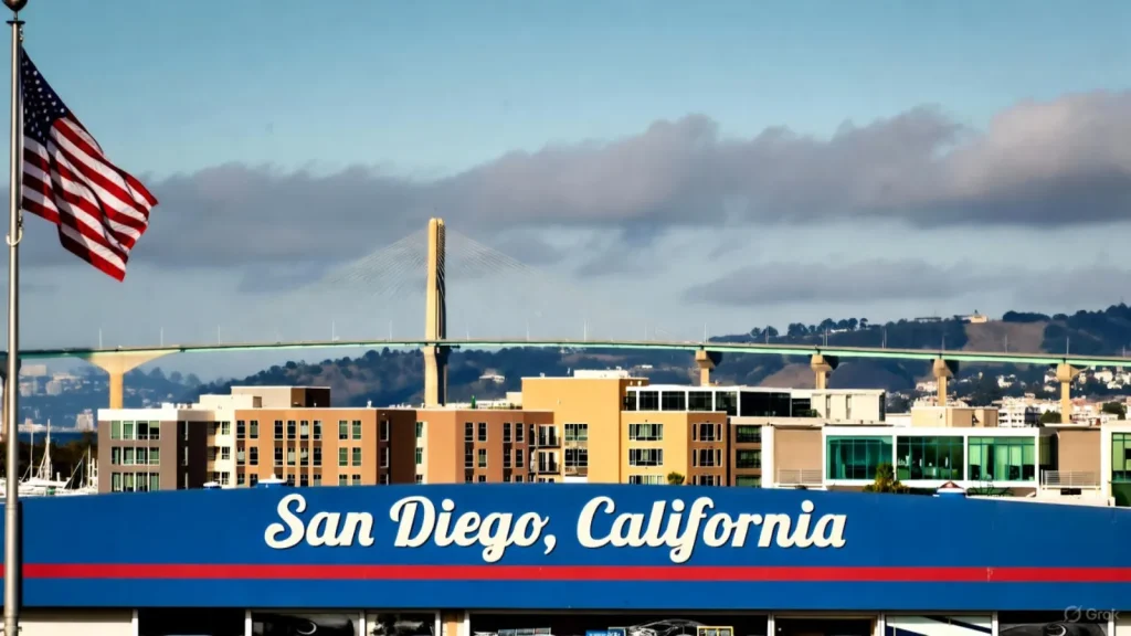 San Diego, California cityscape with buildings, the Coronado Bridge, and an American flag in the foreground.
