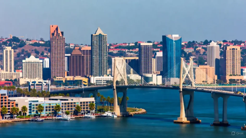 San Diego skyline with bridge and waterfront view connecting Persian community