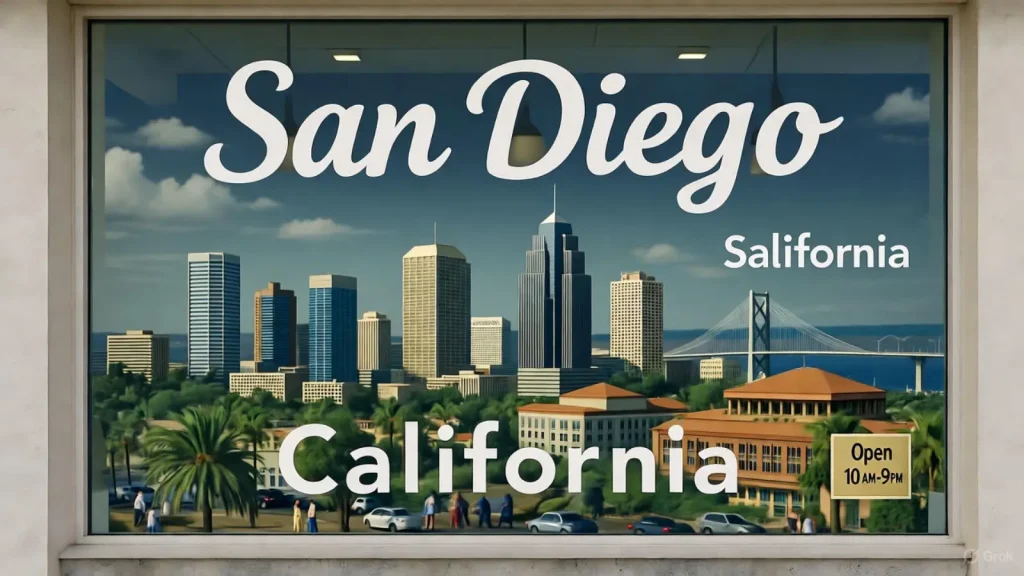 San Diego skyline with palm trees and bridge, promoting Iranian businesses in California