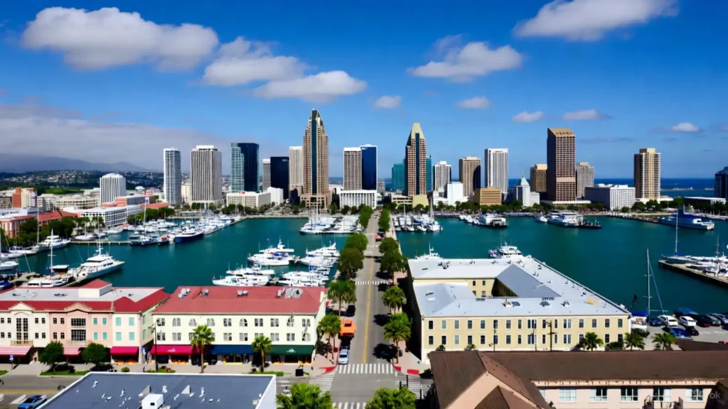 San Diego harbor and skyline promoting Iranian business visibility.