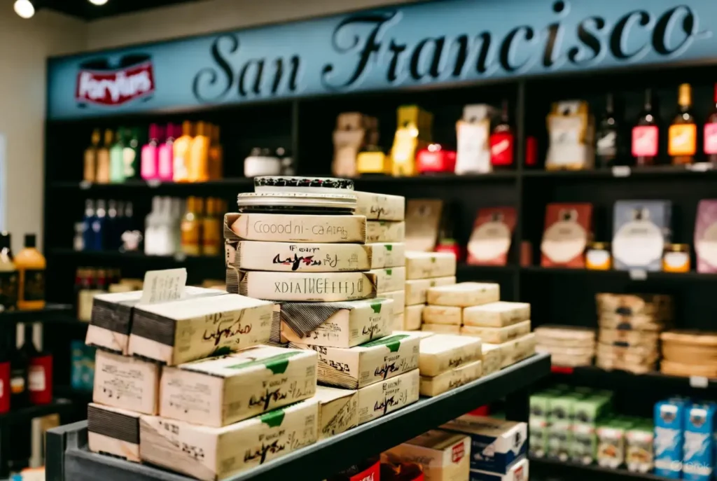 Persian products displayed in a San Francisco market with shelves of goods in the background.