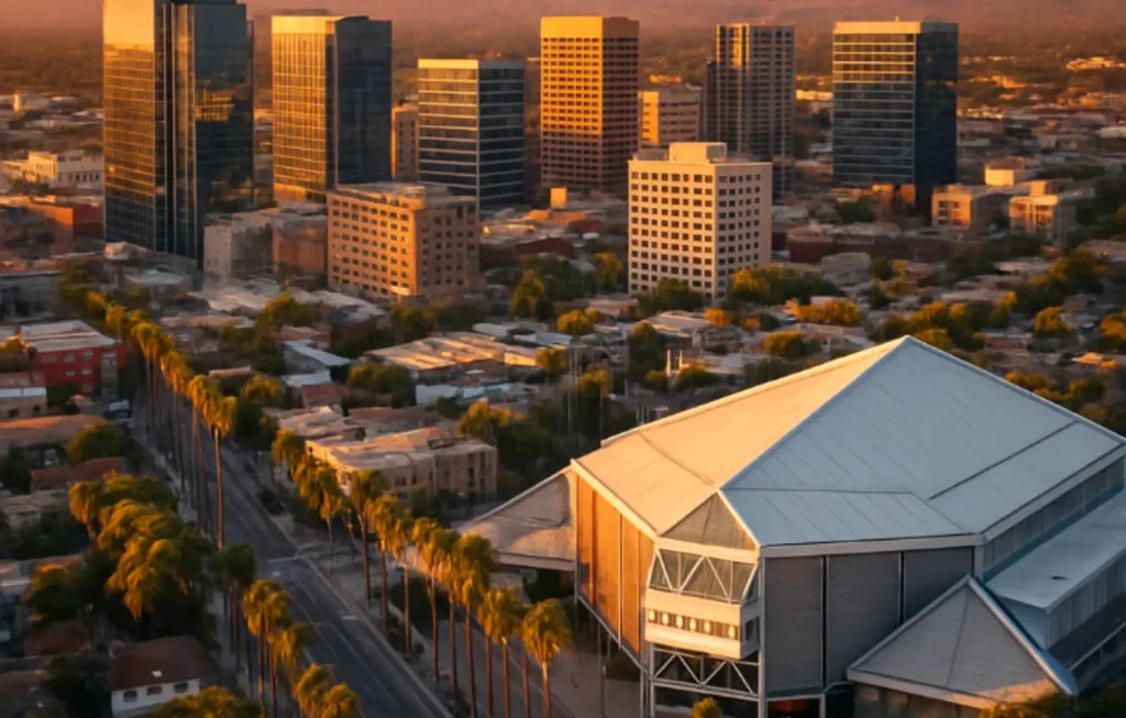 Aerial view of downtown San Jose, California, with modern buildings, palm-lined streets, and a large event center at sunset.