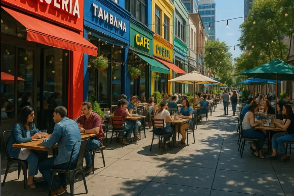 Outdoor dining area in San Jose with colorful storefronts and shaded tables.