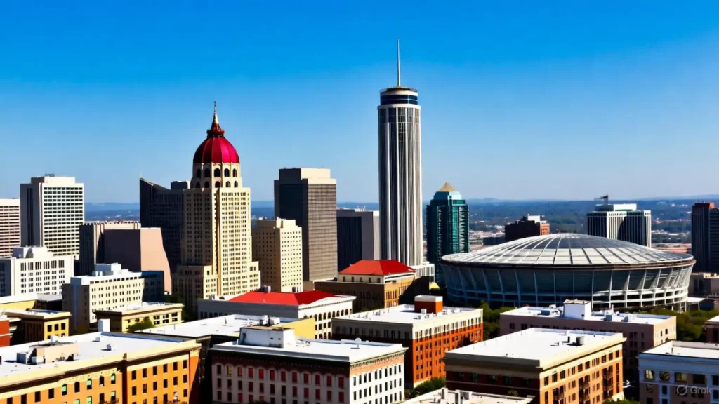 Skyline view of San Jose, California, featuring modern skyscrapers, colorful architecture, and a clear blue sky.