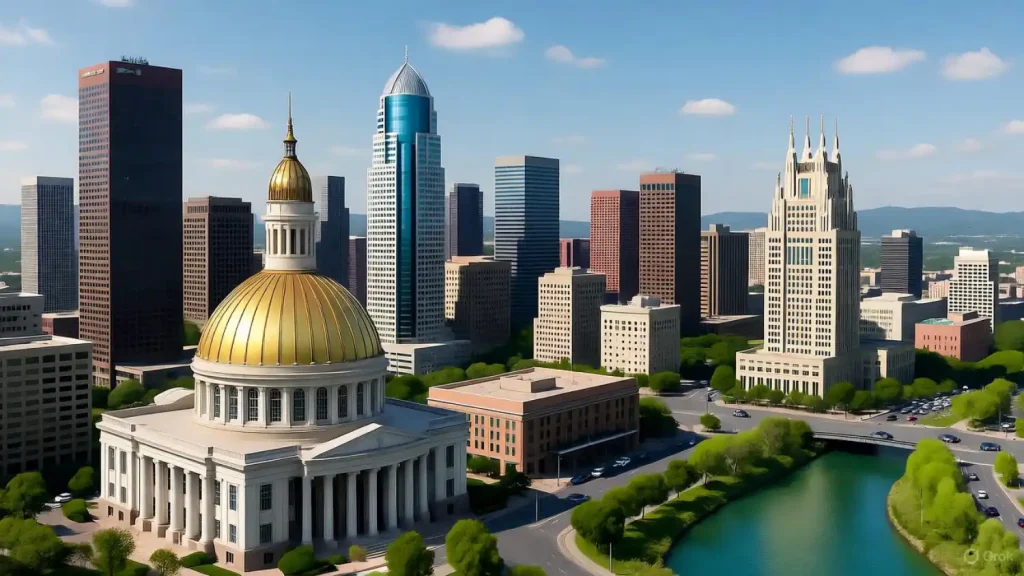 Downtown cityscape with a domed building, modern skyscrapers, and a surrounding green park.