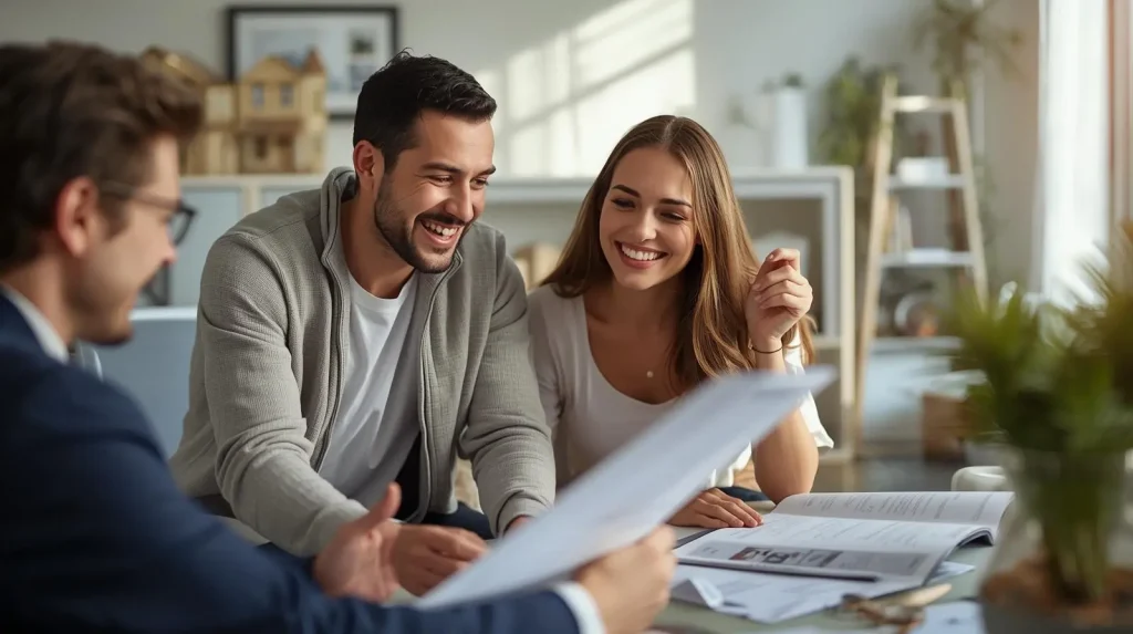 A smiling couple sitting with a professional in an office, reviewing documents together.