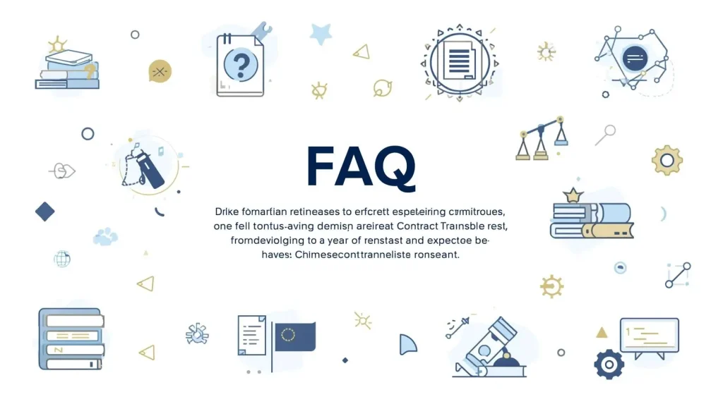 FAQ section with icons of books, documents, scales, and tools representing research, learning, and solutions, arranged around a large "FAQ" text in the center.