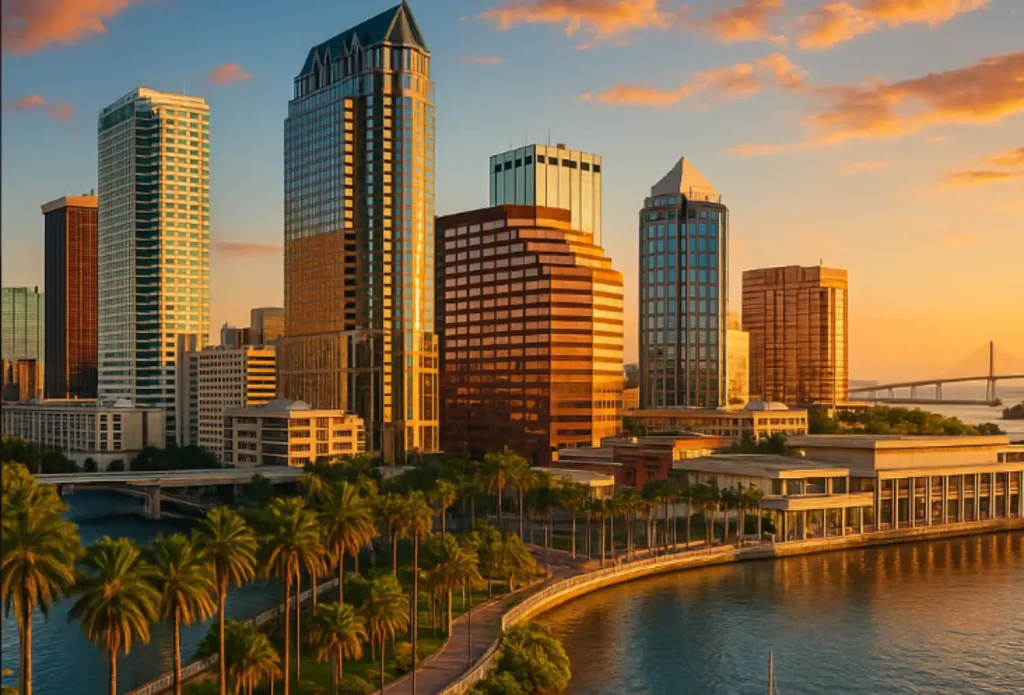 Tampa skyline at sunset with tall buildings, palm trees, and a waterfront view.