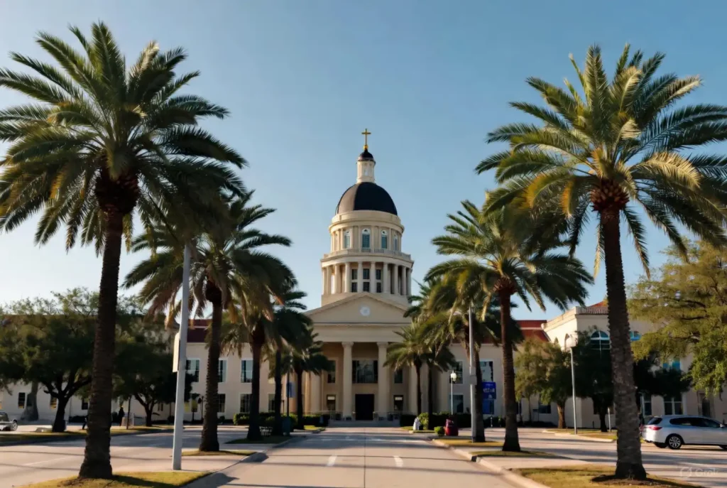 A grand building with a dome and columns surrounded by rows of palm trees under a clear blue sky.