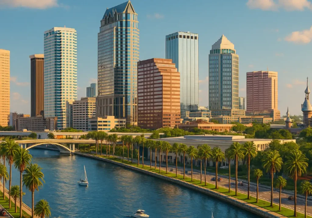 Tampa skyline with modern buildings, a riverfront lined with palm trees, and boats on the water.
