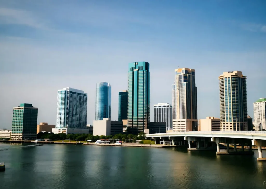 Tampa skyline with modern high-rise buildings and a bridge over calm water.
