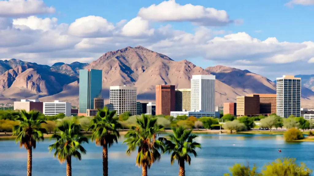 City skyline with modern buildings, palm trees, and a lake in the foreground, set against a backdrop of desert mountains under a partly cloudy sky.