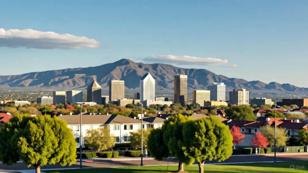 A city skyline with modern buildings, lush greenery, and a backdrop of rugged mountains under a clear blue sky.