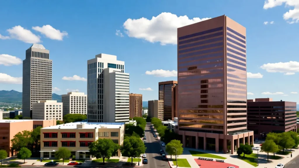Modern cityscape featuring tall buildings, including a reflective glass tower, surrounded by greenery under a bright blue sky with scattered clouds.