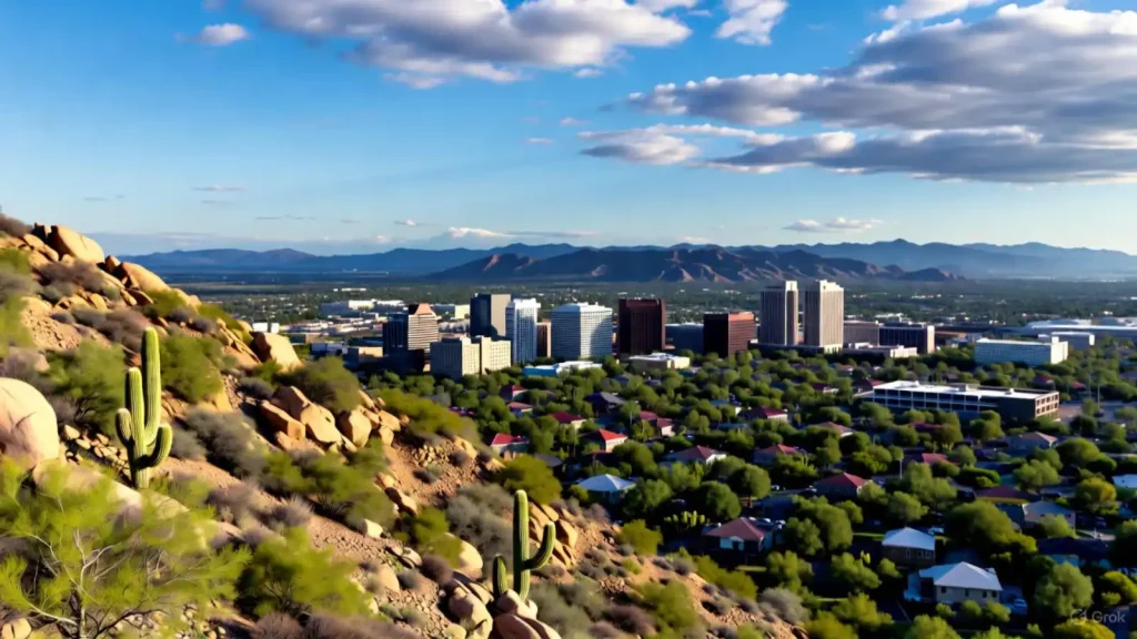 A city skyline surrounded by greenery and desert terrain, with cacti in the foreground and mountains in the background under a blue sky.