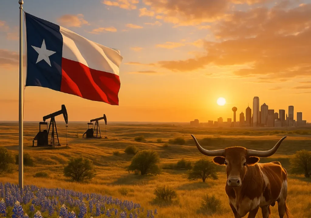Texas flag waving in a field with oil pumps, a longhorn, and the Dallas skyline at sunset.