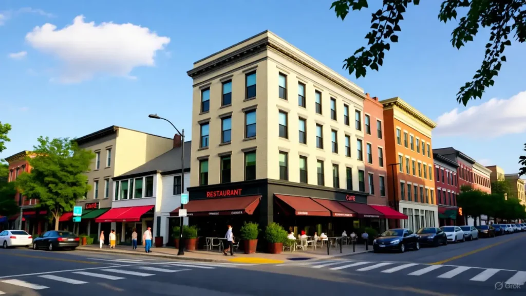 A vibrant street corner with a café and restaurant in a historic multi-story building under a clear blue sky.
