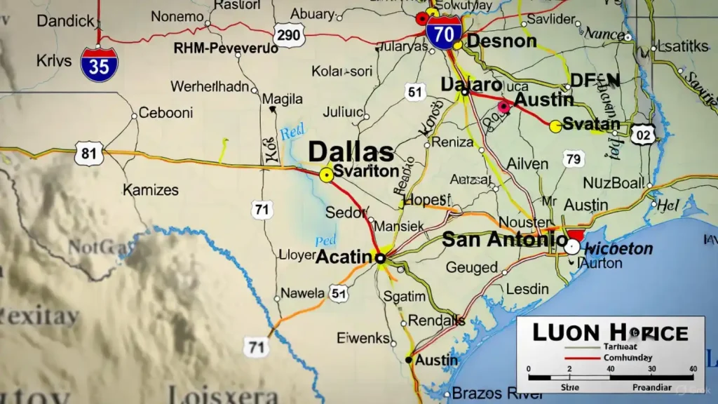 A map of Texas highlighting major cities like Dallas, Austin, and San Antonio with roads and highways.