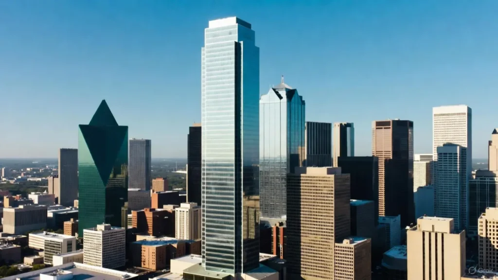 Dallas downtown skyline with tall modern skyscrapers under a clear blue sky.