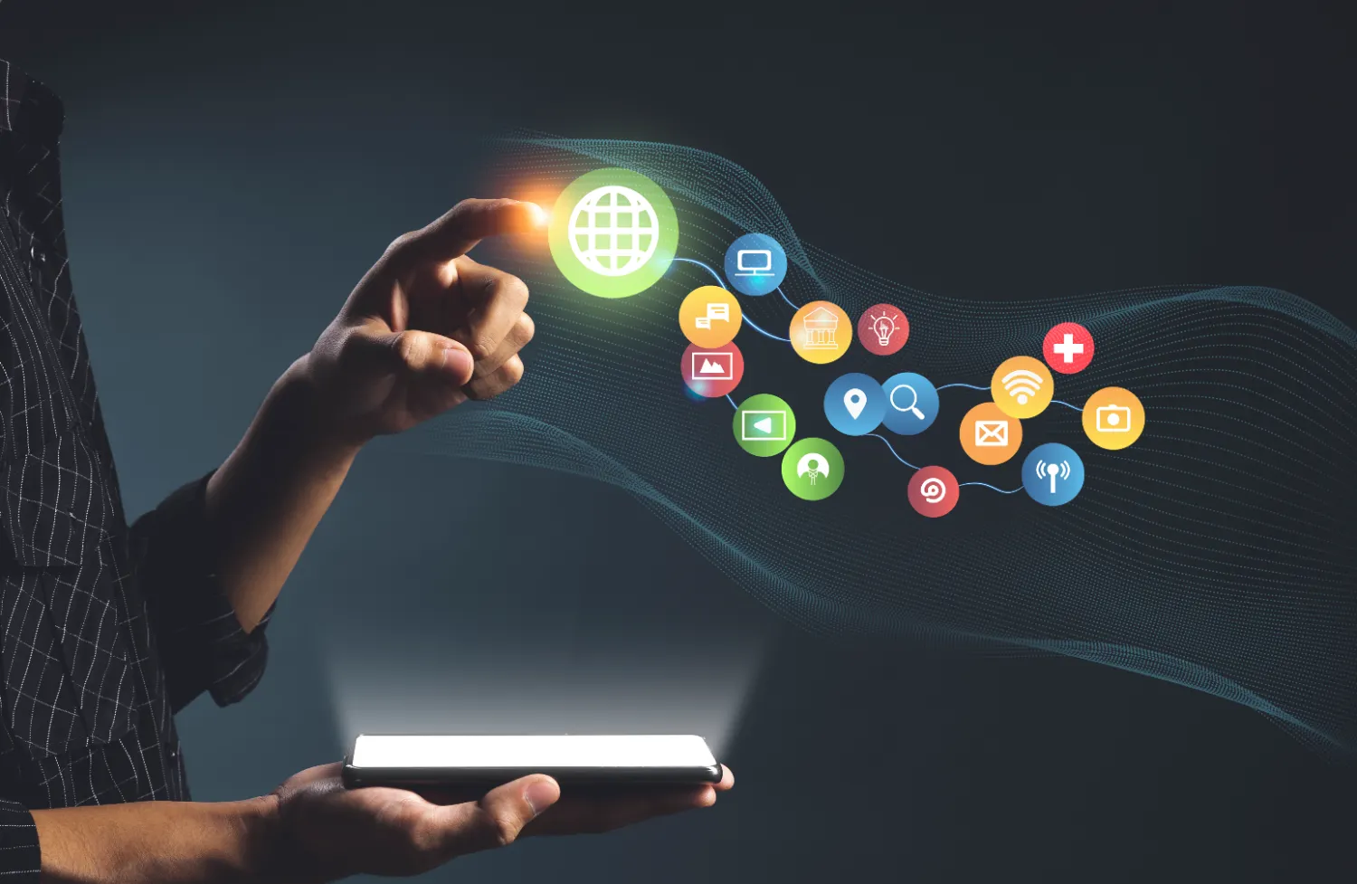 A hand interacting with a glowing globe icon, surrounded by colorful digital app icons above a smartphone.