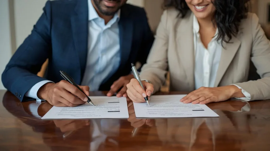 Two professionals sitting together, smiling and signing documents on a wooden table.