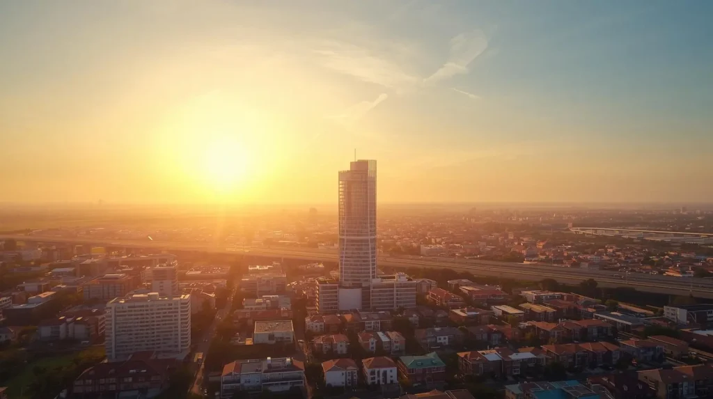 A vibrant cityscape at sunrise, featuring a tall modern building surrounded by smaller structures, with sunlight casting a warm glow.