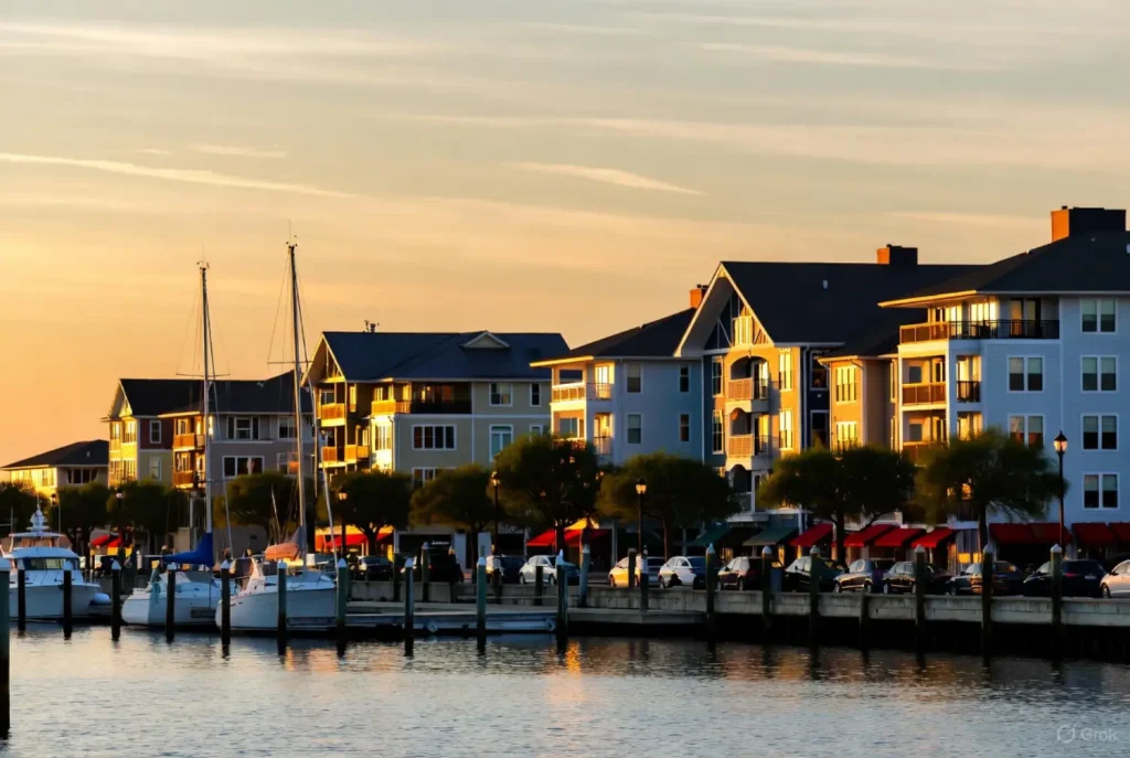 Modern waterfront buildings and docked boats in Virginia Beach at sunset, with golden light reflecting on the water.