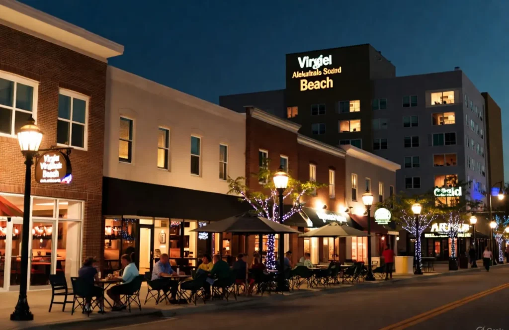 People enjoying dinner at outdoor tables along a well-lit street in downtown Virginia Beach at night.