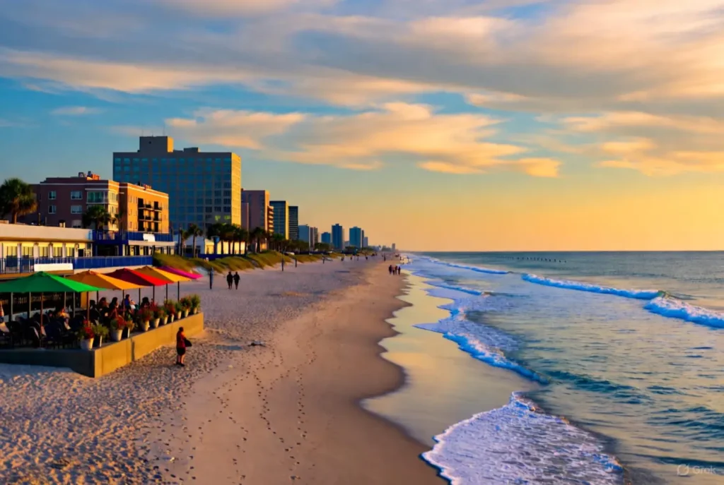 Colorful umbrellas cover an outdoor restaurant on the sandy beach in Virginia Beach, with people walking along the shoreline and modern buildings in the background at sunset.