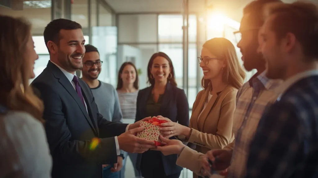 A group of professionals smiling and exchanging a gift in a bright office space.