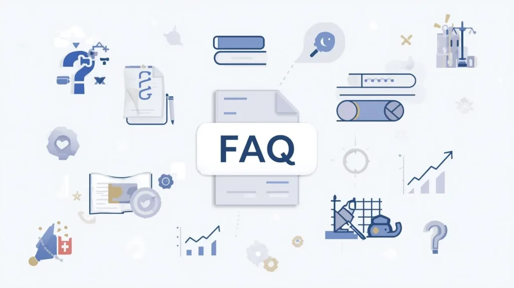 Illustration featuring a central "FAQ" label surrounded by icons like books, graphs, question marks, and symbols of research and growth.