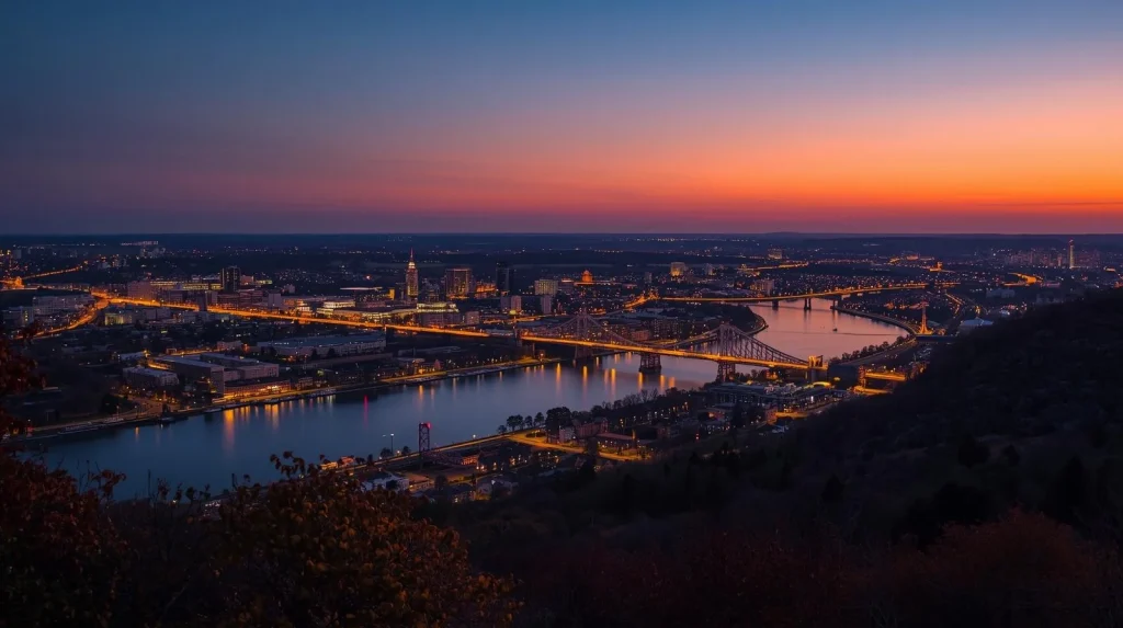 A stunning cityscape of Washington at sunset, with illuminated bridges and buildings reflecting on the water.