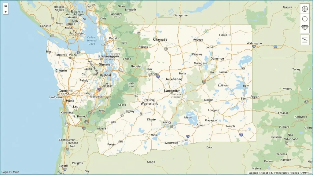 A detailed map showing roads, towns, and natural features in a region with numerous labeled locations and highways.
