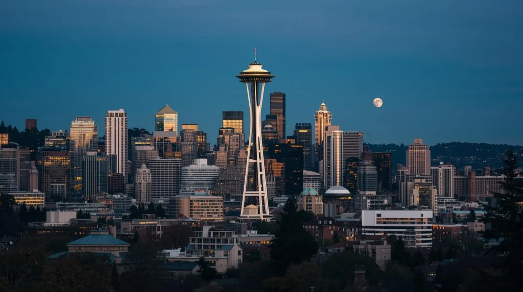 A nighttime view of Seattle's skyline featuring the Space Needle, with the moon glowing in the background.