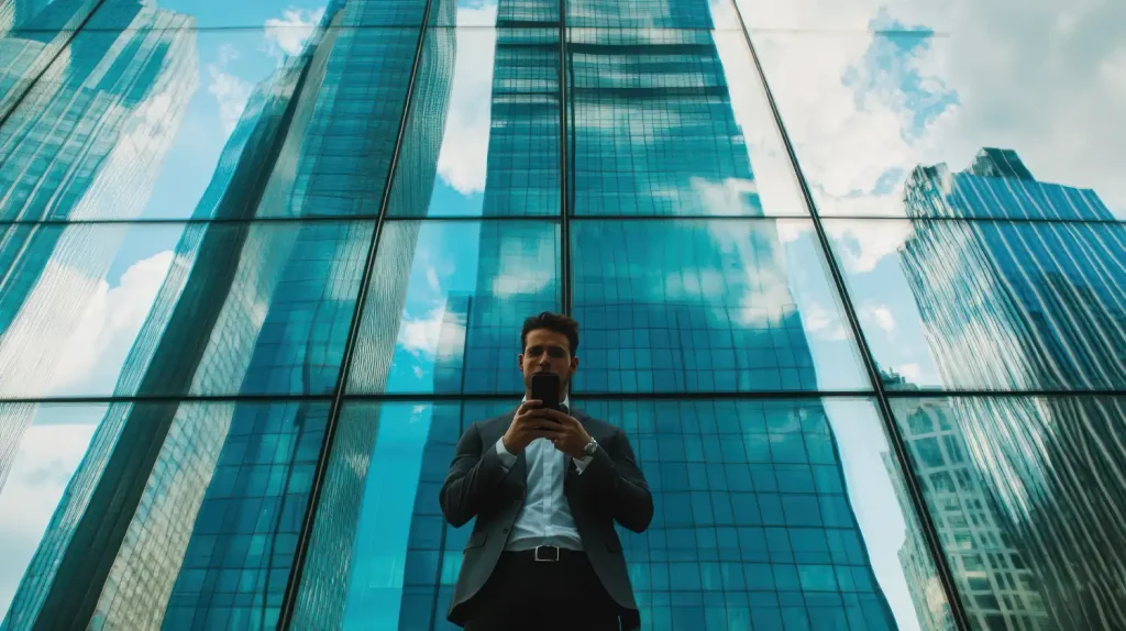 A businessperson stands in front of tall glass buildings, looking at a smartphone.