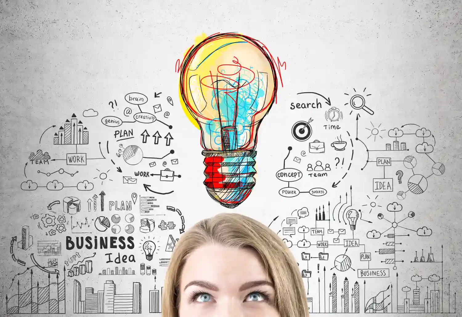 Woman looking up at a lightbulb with business sketches, showing how to know if your business idea is good.