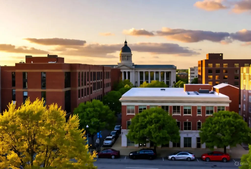 Downtown Columbia, South Carolina at sunset, featuring tree-lined streets, red-brick buildings, and the South Carolina State House with its dome in the background.
