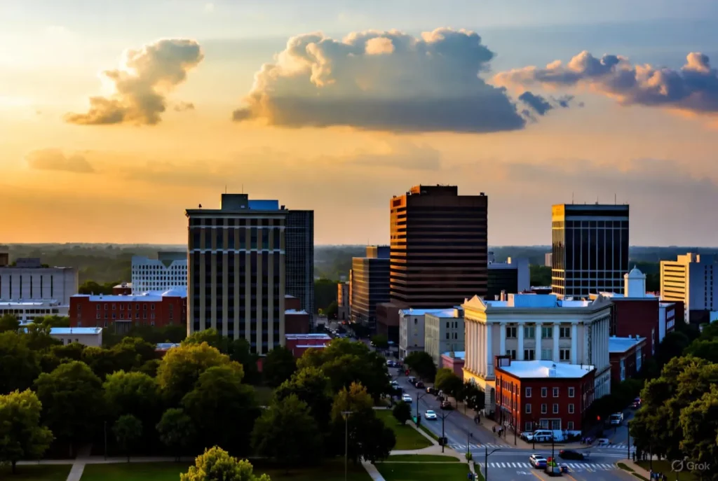 Sunset over downtown Columbia, SC, with a mix of modern and historic buildings surrounded by green trees.