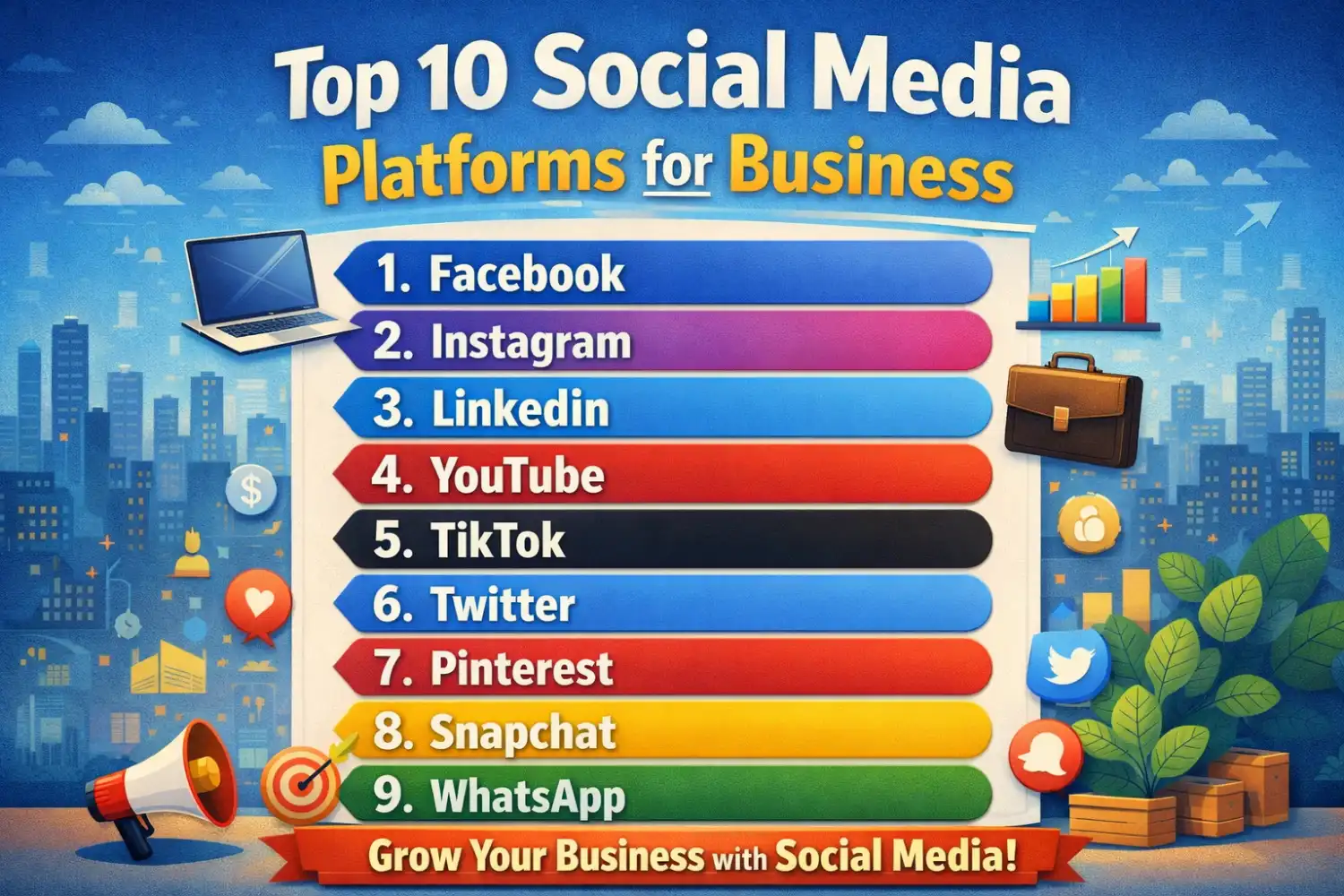 Top 10 social media platforms for business illustrated in a modern digital infographic