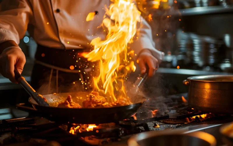 The Culinary Gems of Houston’s Persian Restaurants Chef cooking Persian cuisine on a flaming stovetop in a professional kitchen.