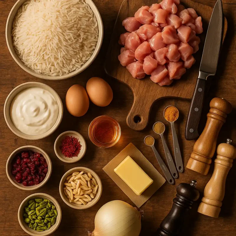 Ingredients for Tachin with Chicken, including rice, chicken, yogurt, eggs, saffron, spices, butter, and garnishes.