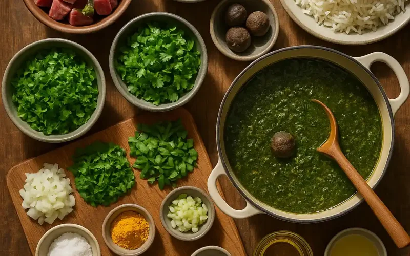 Ingredients for Ghormeh Sabzi, including herbs, meat, spices, and rice, arranged around a pot of the stew.