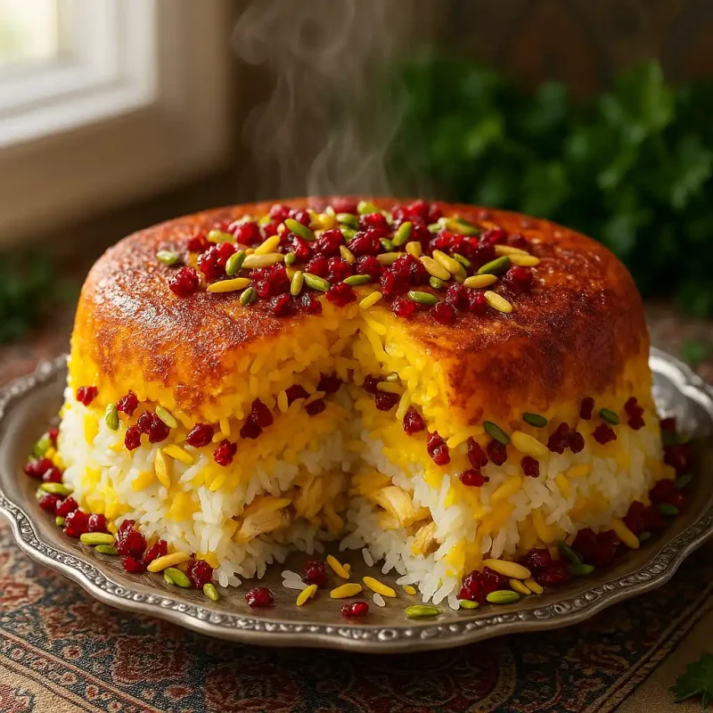 Golden Persian Tachin with crispy tahdig, layered with chicken, and topped with barberries and pistachios.