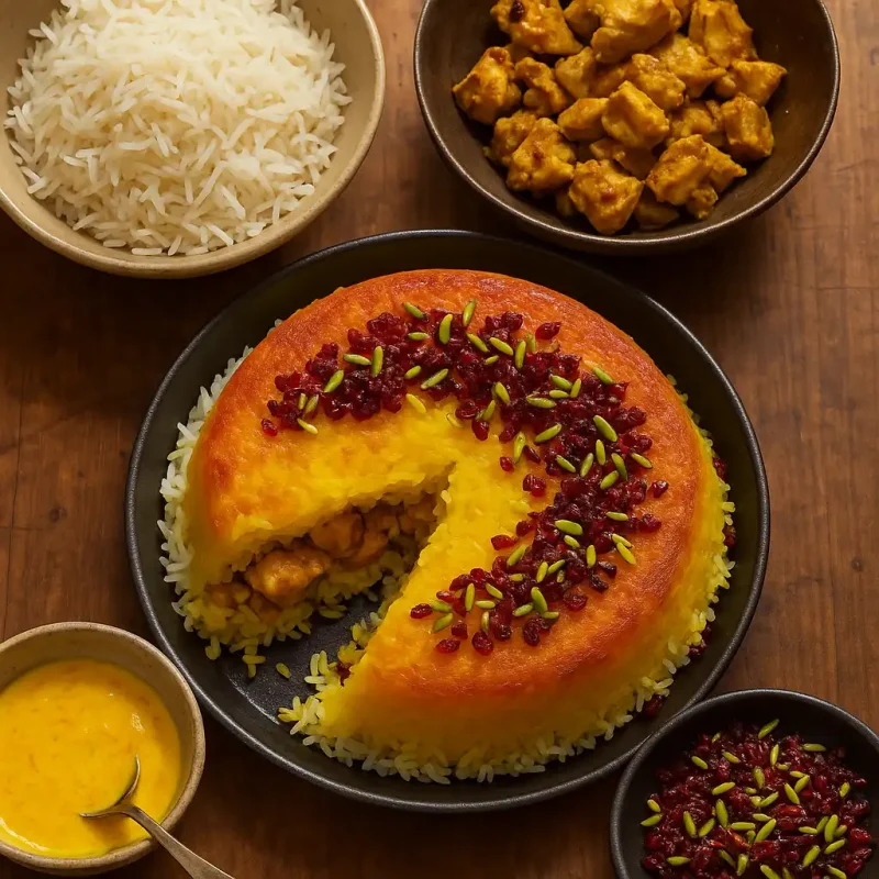 What Is Tachin? Persian Tachin with chicken, topped with barberries and pistachios, served with rice and saffron sauce.
