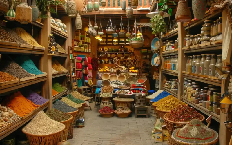 A vibrant display of Persian ingredients and products at a market in Charlotte, NC.