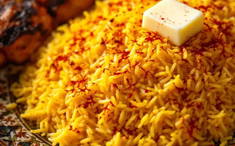 Authentic Persian rice featuring fluffy, separate grains, golden saffron accents, and crispy tahdig.