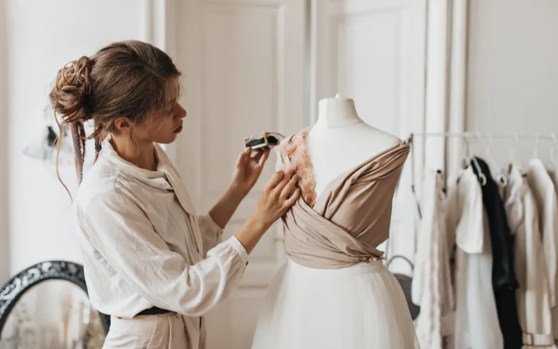 Designer adjusting intricate lace details on an elegant dress in a studio.